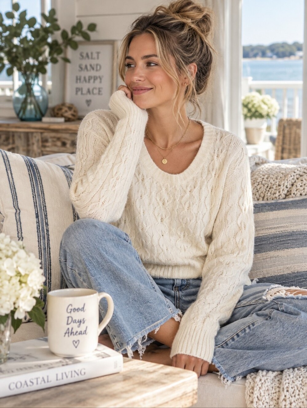 Anquora Rabbit Hair Cable Knit Cream Sweater